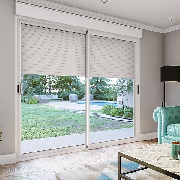 Baie coulissante aluminium blanc avec volet roulant électrique intégré motorisation Somfy